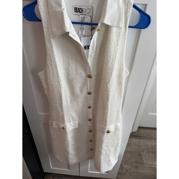 Beach Riot White Tweed Sleeveless Mini Dress Gold Button Front Size Medium NEW - Picture 2 of 4